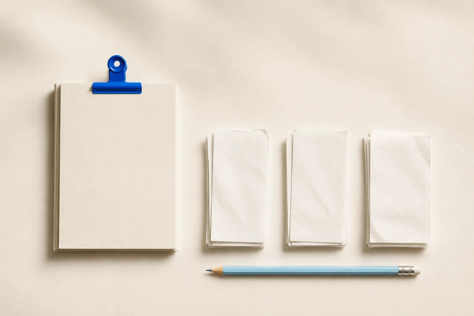Clipped cream report booklet beside three stacks of paper slips and a pencil