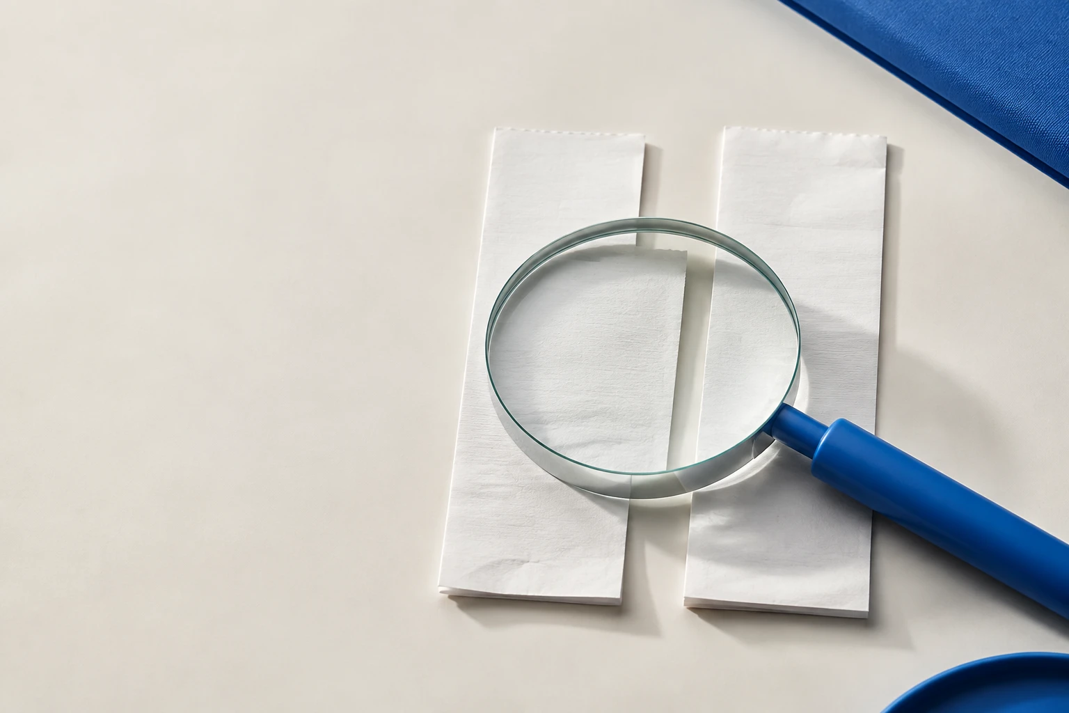 Magnifying glass over two matching blank paper receipts