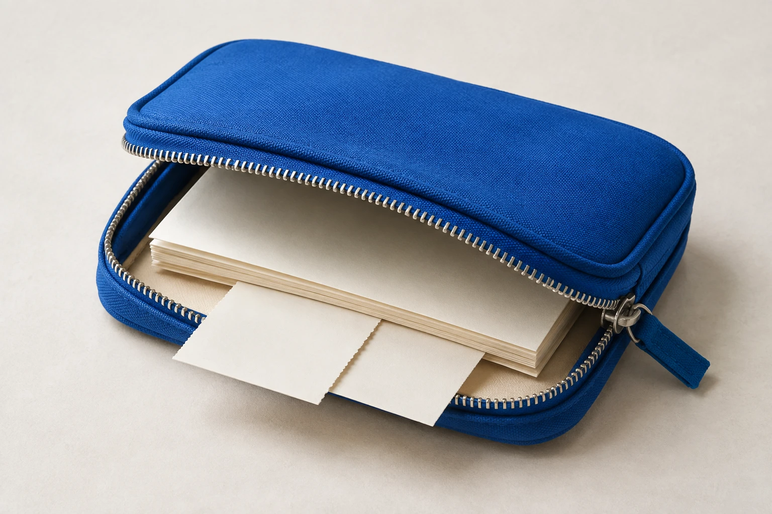 Unzipped blue document pouch holding blank paper bills