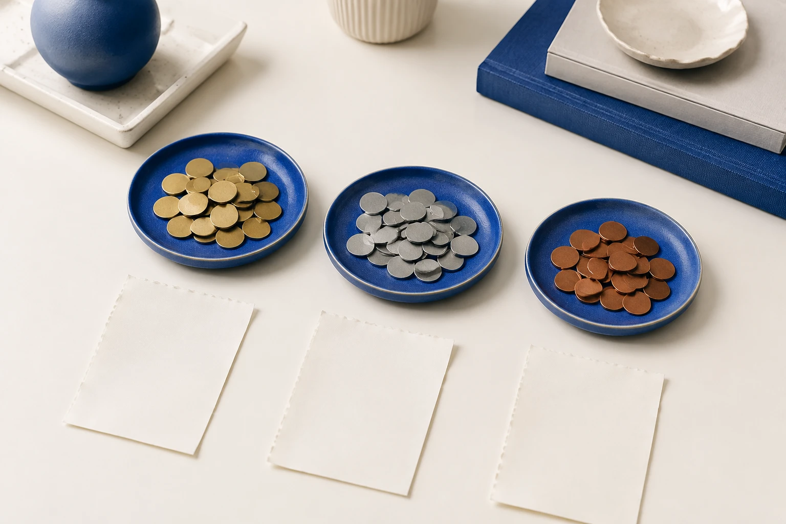 Three blue dishes separating brass, silver and copper coins