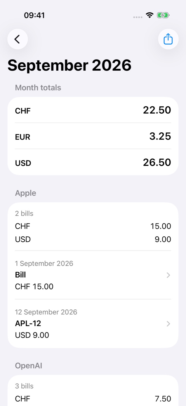 BillTuck monthly bill summary with separate CHF, EUR and USD totals and bills grouped by provider.