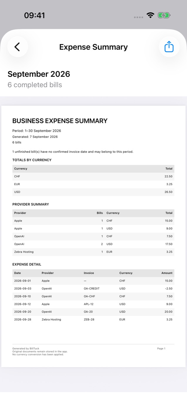 BillTuck PDF expense report with currency totals, provider summaries and itemized bills.