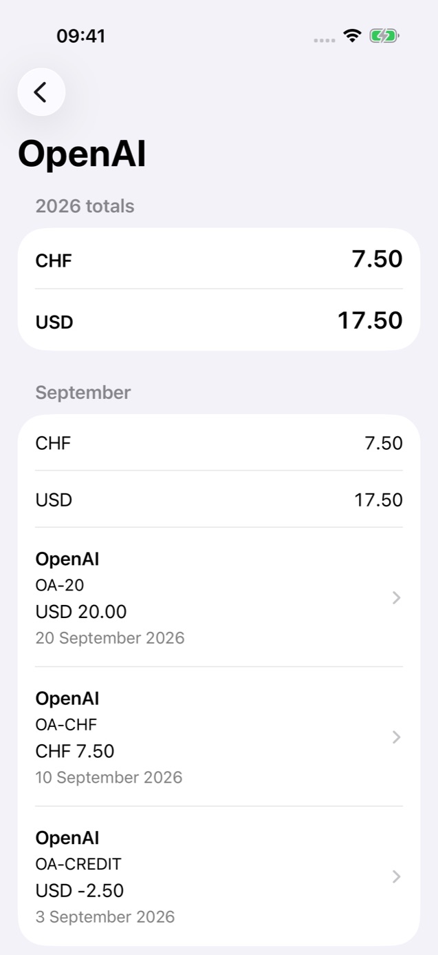 BillTuck provider view showing CHF and USD subtotals and three sample invoices, including a refund.