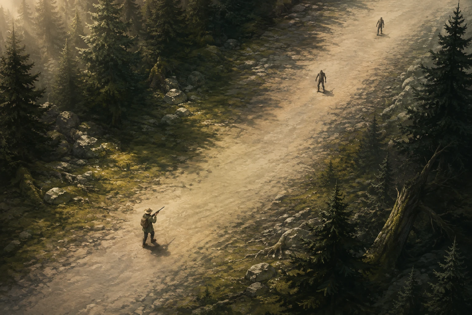 A hunter faces two zombies spaced along a sunlit diagonal forest path.