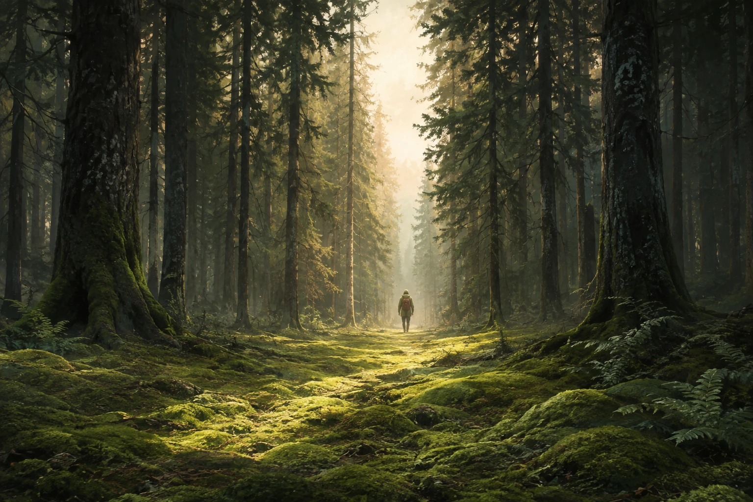 A small hunter leaves a quiet mossy clearing through a narrow sunlit corridor between tall pine trees.