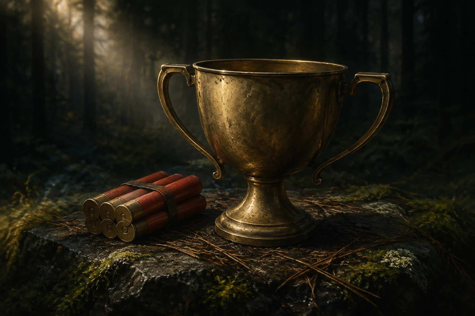 A weathered brass trophy and a plain bundle of red shotgun shells rest on mossy stone among pine needles.