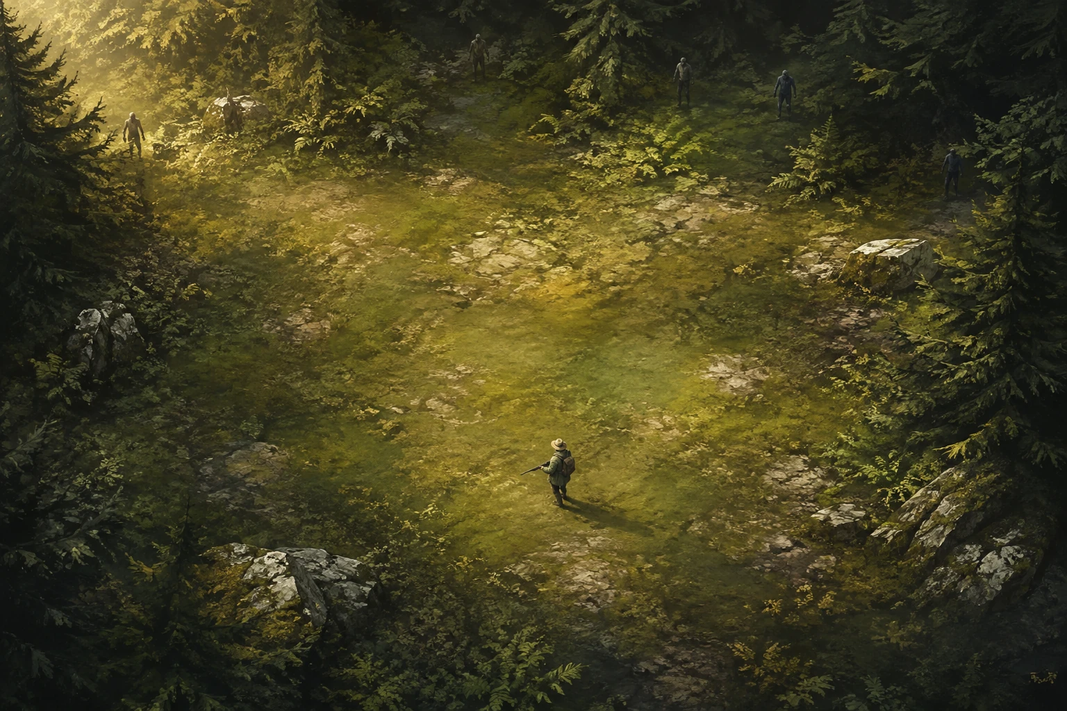 A lone hunter stands in a mossy forest clearing with distant zombies at the tree line.