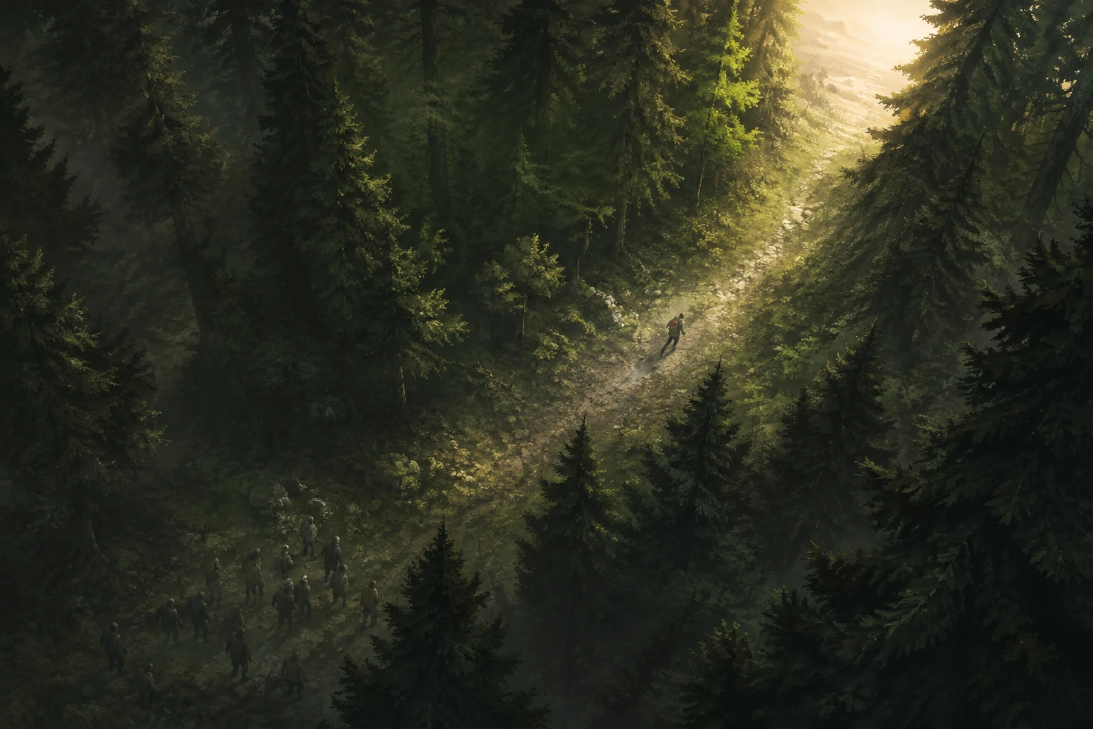 A lone hunter heads toward a sunlit break in dense pine forest as a distant zombie horde gathers behind.