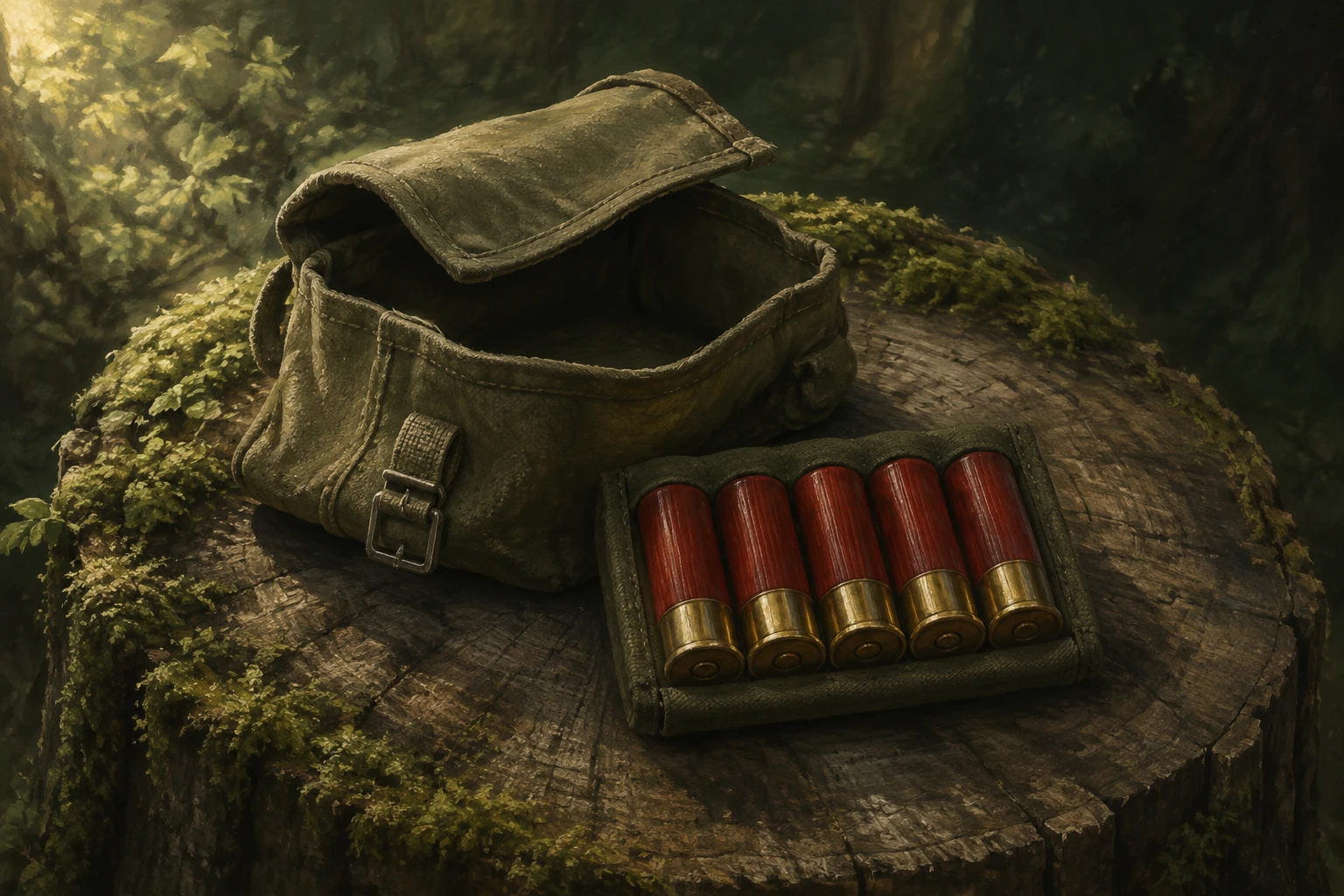 An open canvas pouch and five red shotgun shells rest on a moss-covered tree stump.