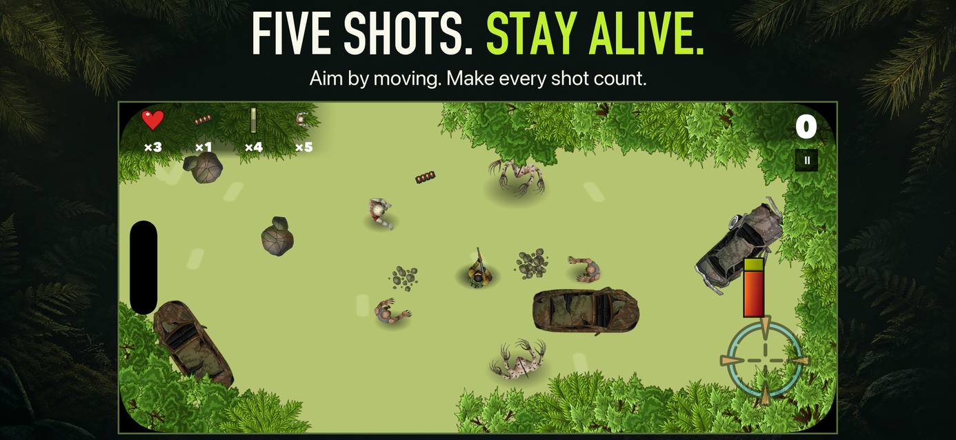 Five-shot zombie shooter gameplay showing four loaded shots, one spare cartridge, and a forest clearing
