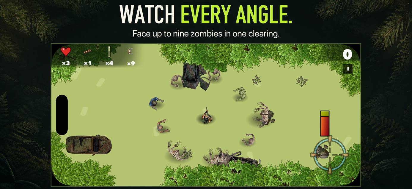 Nine zombies surrounding the hunter between trees and abandoned cars