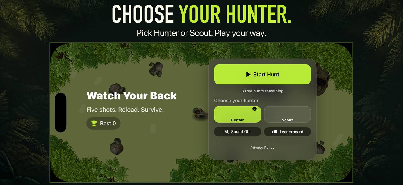 Hunter and Scout selection with three free hunts, sound and leaderboard controls